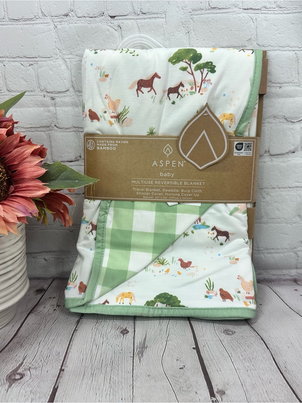 NWT Baby Aspen Reversible Multi-Use Baby Blanket farm animal barn unisex checks